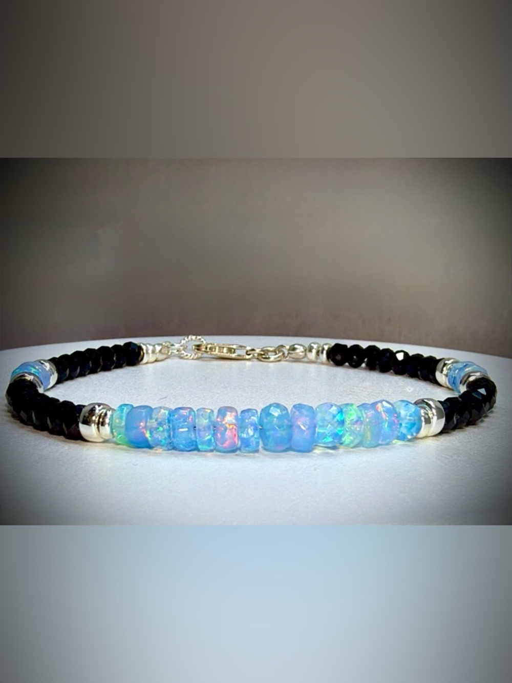 Ethiopian Opal Black Spinel Gemstone Bracelet in Sterling Silver